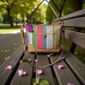 Coach Multicolor‎ Stripe Canvas Leather Hobo Shoulder Bag Purse Vintage 67147